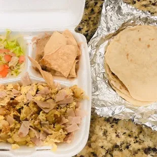 Egg and Ham breakfast with homemade tortillas.