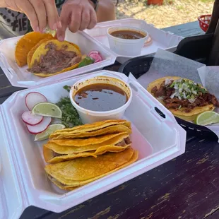 Two orders of Birria and One Pastor taco