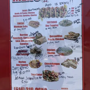 a menu on the side of a truck