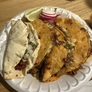 Quesabirrias tacos and a chorizo taco
