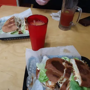 Torta cubana and pierna enchilada with mango agua fresca and michela