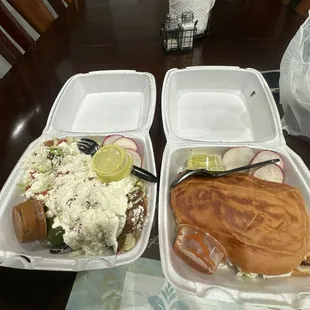 Huarache de desebrada and torta de asada