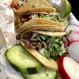 Top chicken, middle Al pastor, bottom carne asada.