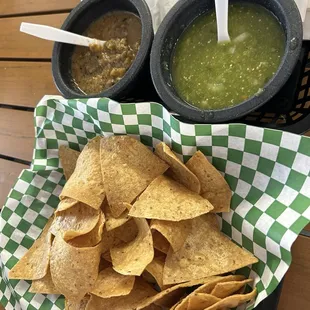 Complimentary chips &amp; salsa. Freshly fried chips and both salsa are AMAZINGLY SPICY!