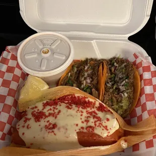 Cheetos tamale and birria taco plate