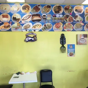 a yellow wall with plates of food on it
