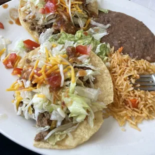 2 beef chalupa with guacamole, rice, beans