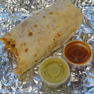 Pollo Burrito! Red and green sauce! We love this place!