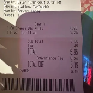 receipt with Convenience fee.