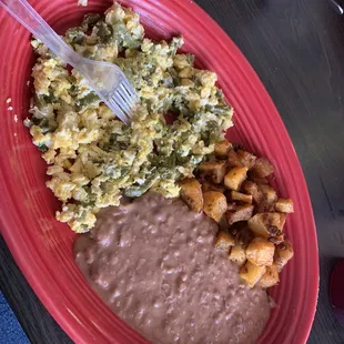 Huevos con nopales. Scrambled eggs with cactus. Wasn&apos;t on the menu, I asked if they could make it and they delivered.