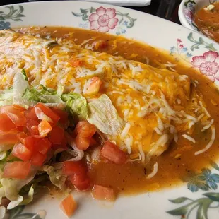 Smothered bean and cheese burrito.