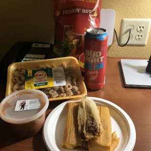 Tamales for dinner with salsa, chips n salsa for later, crackling's for my drive home tomorrow afternoon. Enjoying my beer as dessert.