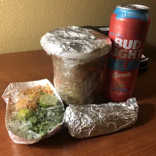 My Dinner - Caldo De Res with fixin's, tortillas, a pork tamale, and a Chelada Clamato !!! Cheers !!!