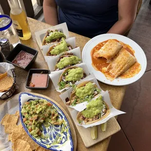 Taco flight,guacamole Mexicano,Homemade Tamales