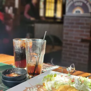 a plate of food and a drink
