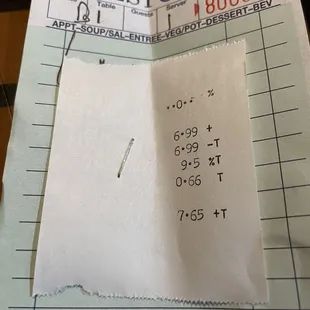 a receipt for a guest check