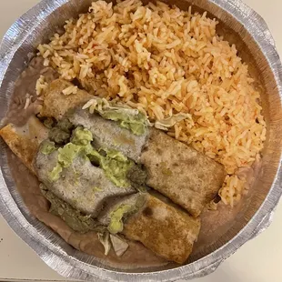 Two ground beef flautas with rice and beans. Comes with amazing salsa and chips