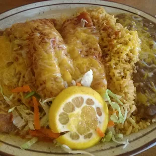 Chile relano, tamale, cheese enchilada.