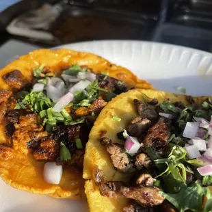 Pastor taco w/chile handmade tortillas &amp; Asada taco w/corn handmade tortillas