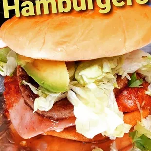 Hamburger doble meat doble cheese ham lettuce tomato avocado mayonnaise ketchup mustard pink sauce serve with fries