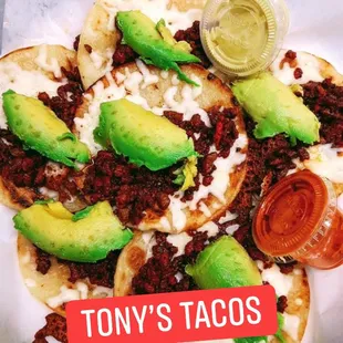 Tony&apos;s tacos corn tortilla mozzarella cheese campechano meat avocado