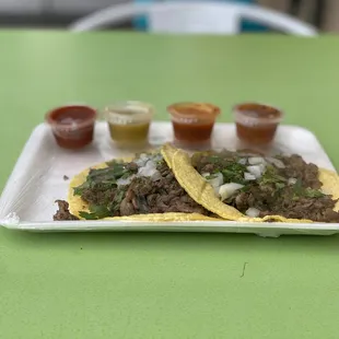 Bistec Tacos &quot;all the way&quot; with sauce on the side.