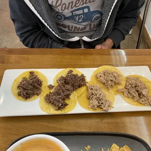 6 mini tacos with Barbacoa and Carnitas