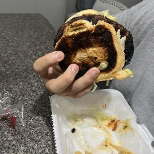 a person holding a sandwich and french fries