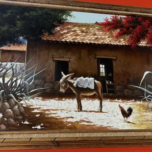 a painting of a donkey and a chicken