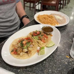 Shrimp tacos with a Side of Rice &amp; Beans