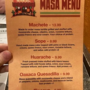 Masa menu available weekends only. Get the machete pastor with the green salsa!