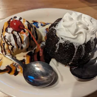 a desert with ice cream and chocolate sauce