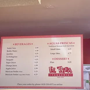 Beverages and flan and Agua Fresca