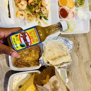 Shrimp Fajitas, refried beans, tortillas, ground beef taco, fresh chips, salsa, guacamole &amp; sour cream went great w my fav El Yucateco!