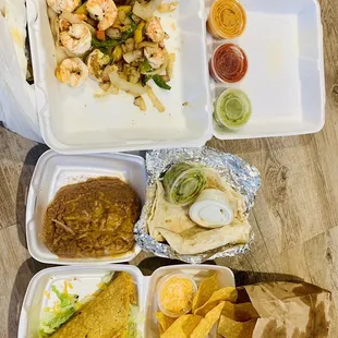 Shrimp fajitas, refried beans, tortillas, ground beef taco &amp; Chips &amp; Salsa.