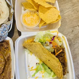 Crunchy ground beef taco &amp; fresh chips.