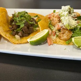 Tacos with steak and taco with shrimp/avocado, delicious!