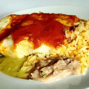 Lunch burrito (1/2) plated at home. Mmmmm.