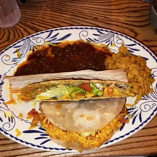 Combination plate - beef enchilada, crispy taco, beef fajita