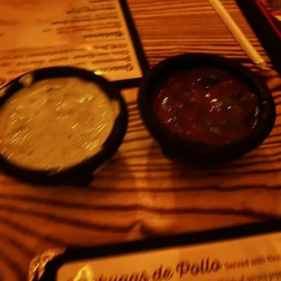 Guac-style salsa and warm red salsa, delish!