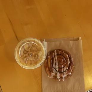 Iced caramel latte and cinnamon roll