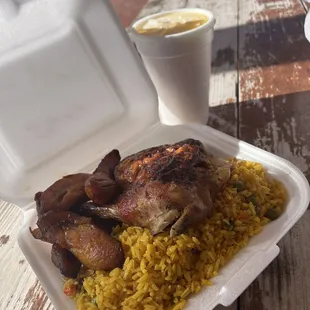 chicken and rice in a styrofoam container