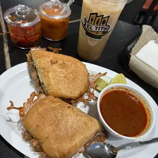 Torta de birria (no cilantro no cebolla) , agua de cebada