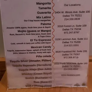 menu for drinks