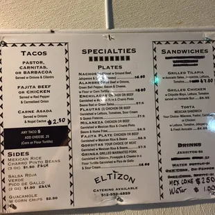a menu on a wall