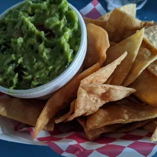 a bowl of guacamole and chips