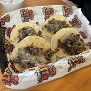 Bistec con Queso Tacos on Flour: Delicious! Well-seasoned and moist!