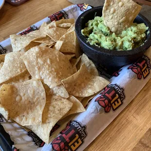Large guacamole and chips tray.