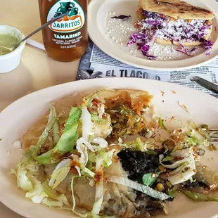 Quesadillas de huitlacoche and flor de calabaza. A gordita de chicharron on the back.