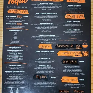 Menu in Spanish on the flip side